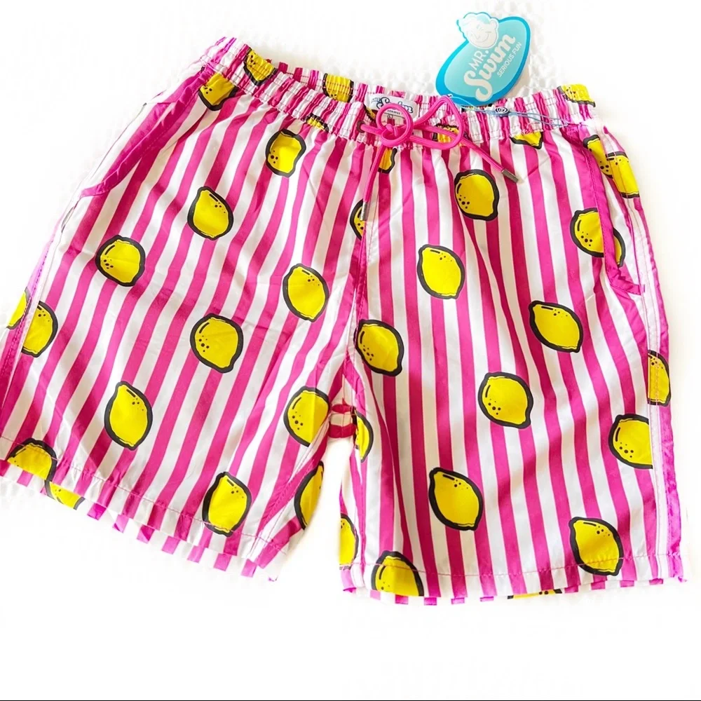 Mr. Swim Lemon Stripes Magenta/White Swim Trunks Men’s Size Large, NWT
